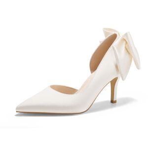 Coutgo Womens Ivory Satin Bow Pointed Toe Stiletto Wedding High Heels 6.5